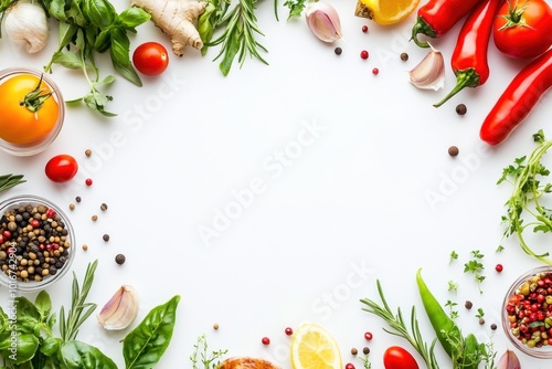 Fresh herbs and spices framing white background for food photography