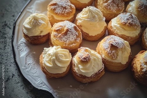 Delicious puff pastry cream puffs dusted with powdered sugar on a plate
