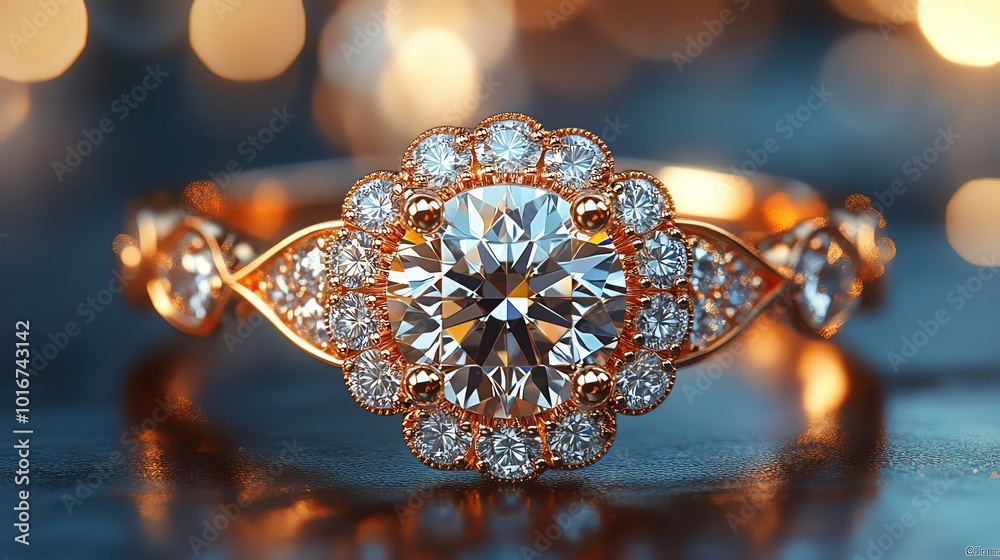Sparkling diamond ring with intricate detailing, reflecting light in a dreamy bokeh Sparkling diamond ring with intricate detailing, reflecting light in a dreamy bokeh