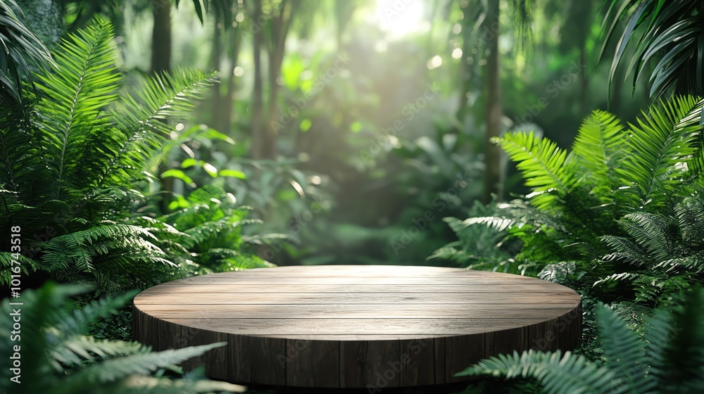 Wooden podium in a lush jungle, surrounded by ferns, soft natural lighting Wooden podium in a lush jungle, surrounded by ferns, soft natural lighting