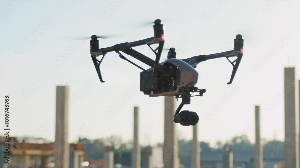 Drone flying over construction site. Pre-construction planning. Closeup copter with spinning propellers outdoors. Connection, surveillance, camera, survey, modern aerial equipment Drone flying over construction site. Pre-construction planning. Closeup copter with spinning propellers outdoors. Connection, surveillance, camera, survey, modern aerial equipment