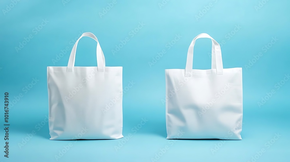 Two White Tote Bags on Blue Background Two White Tote Bags on Blue Background