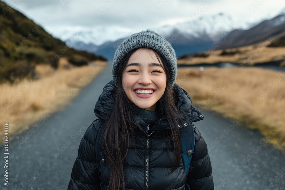 Happy young woman wearing a down jacket photo photography clothing. Happy young woman wearing a down jacket photo photography clothing.