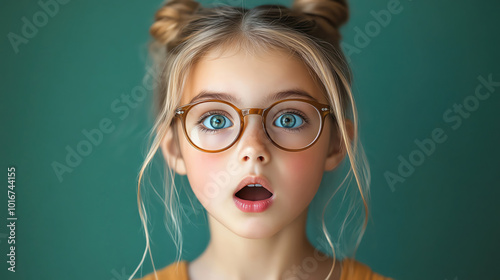 Surprised girl with glasses and pigtails, mouth open in awe against a green background
