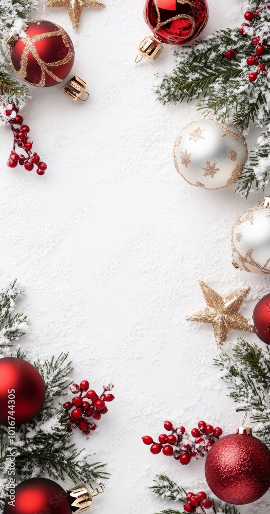 A white backdrop adorned with red and gold Christmas ornaments and evergreen branches laden with red and golden baubles A white backdrop adorned with red and gold Christmas ornaments and evergreen branches laden with red and golden baubles