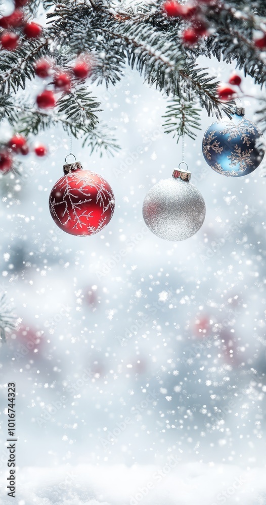 A Christmas tree, adorned with ornaments, stands before a snow-covered sky, its branches dusted with falling snowflakes A Christmas tree, adorned with ornaments, stands before a snow-covered sky, its branches dusted with falling snowflakes