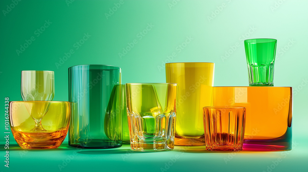 transparent glassware, in various shapes and sizes, captured in close-up, against a green background