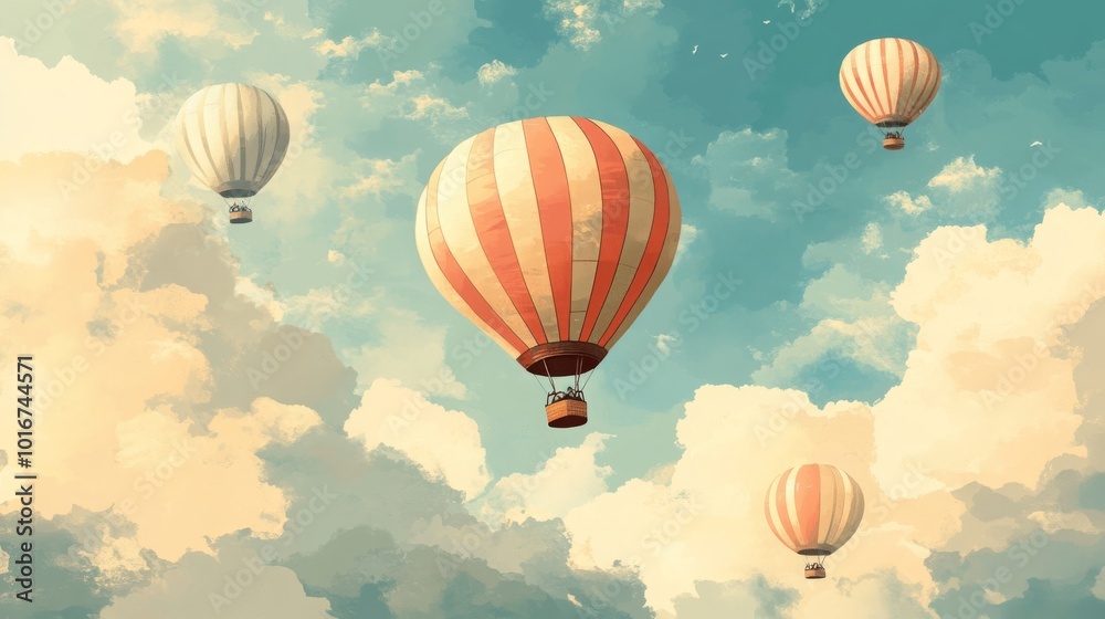 Obraz premium Colorful hot air balloons soaring through a cloudy sky, EPS transparency.