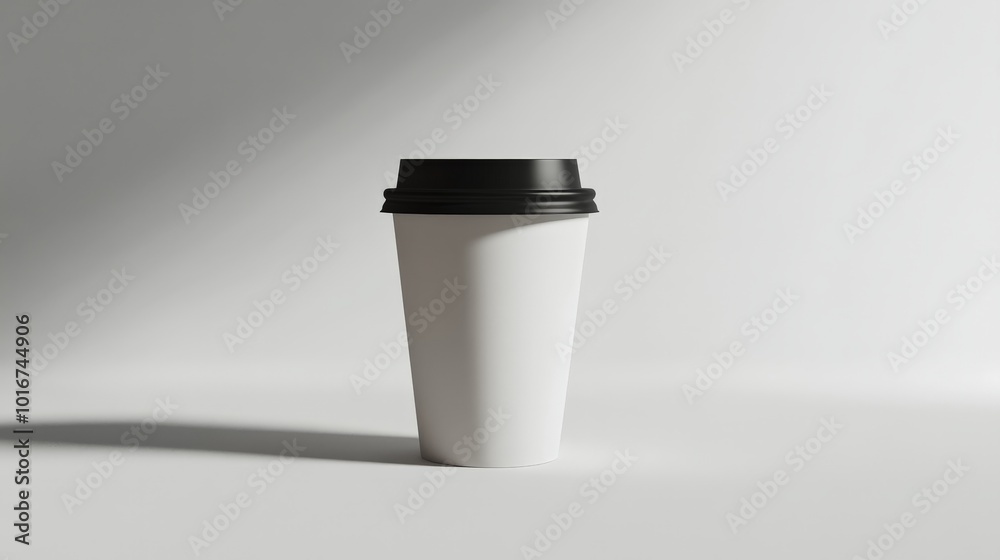 Minimalist white coffee cup with black lid on a neutral background, casting a soft shadow. Perfect for branding and advertising concepts. Minimalist white coffee cup with black lid on a neutral background, casting a soft shadow. Perfect for branding and advertising concepts.