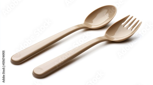 Pair of recyclable plastic fork and spoon set in a natural shade, laid on a white background for green takeaway options.