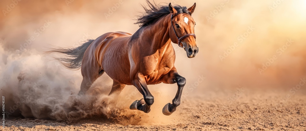 A horse gallops through a dusty field, raising clouds of dust from its back and flinging it forward with its front hooves lifted A horse gallops through a dusty field, raising clouds of dust from its back and flinging it forward with its front hooves lifted