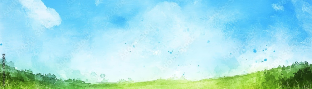 Watercolor Landscape with Green Hills and Blue Sky Watercolor Landscape with Green Hills and Blue Sky