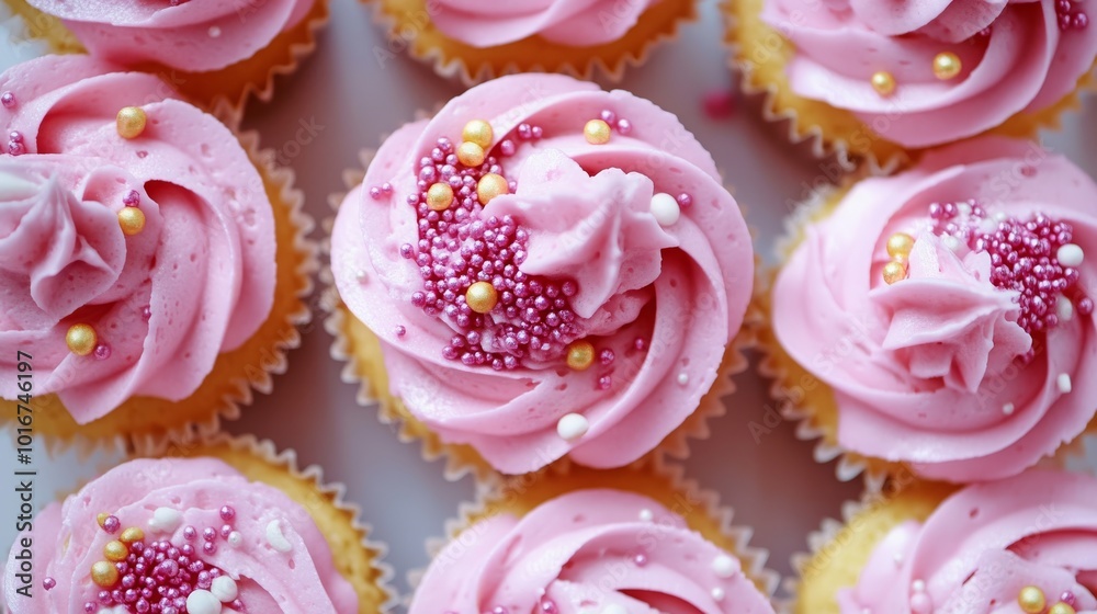 Light pink cupcakes decorated with sprinkles for a party. Light pink cupcakes decorated with sprinkles for a party.