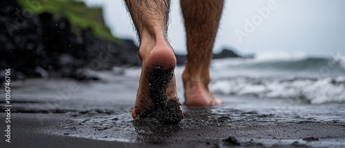  A tight shot of unclad feet wading in beach water, beside the ocean photo