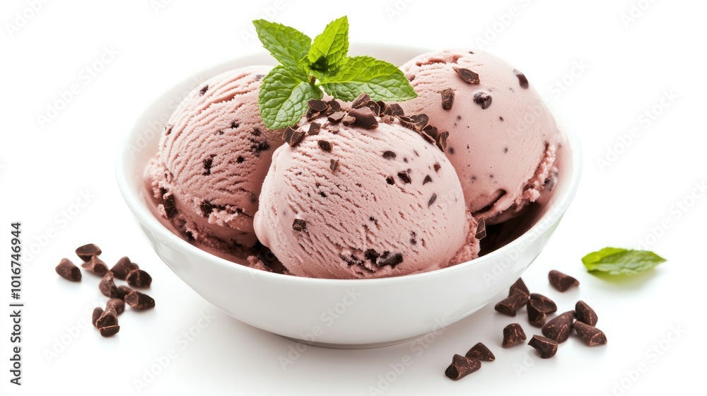 Three scoops of chocolate mint ice cream in a bowl, garnished with fresh mint leaves and cocoa nibs, isolated on a white background for dessert themes. Three scoops of chocolate mint ice cream in a bowl, garnished with fresh mint leaves and cocoa nibs, isolated on a white background for dessert themes.