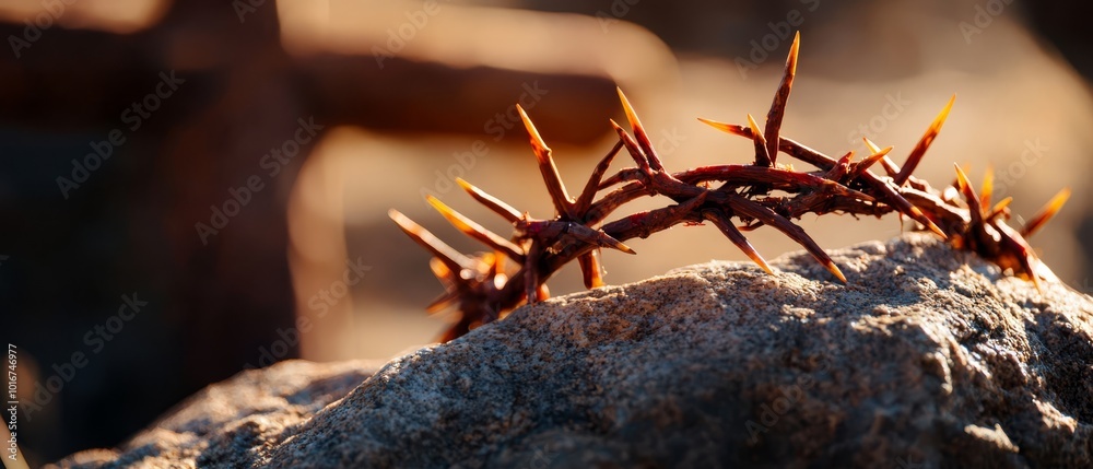 A tight shot of a thorn on a rock, with a wooden fence faintly visible in the distance Background softly blurred A tight shot of a thorn on a rock, with a wooden fence faintly visible in the distance Background softly blurred