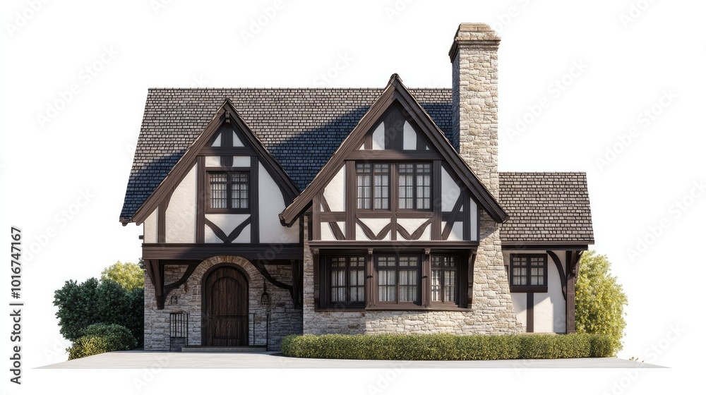 custom made wallpaper toronto digitalTraditional Tudor home featuring exposed timber beams, stone elements, and decorative half-timbering, presented on a white background for clarity.