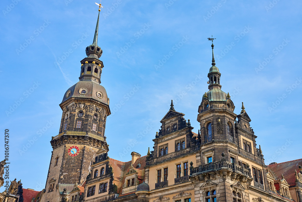 Fototapeta premium Dresden cathedral and Hausmannsturm tower at sunset. German architecture with historical building