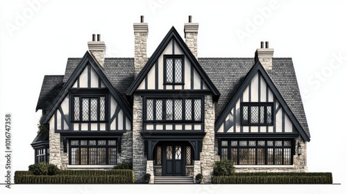 Tudor-style mansion with black timber beams, stone walls, and peaked rooflines on a white background, showcasing classic architectural details. photo