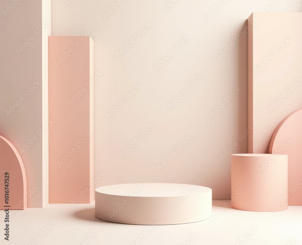 an empty round podium on a background of geometric shapes, pastel colors an empty round podium on a background of geometric shapes, pastel colors