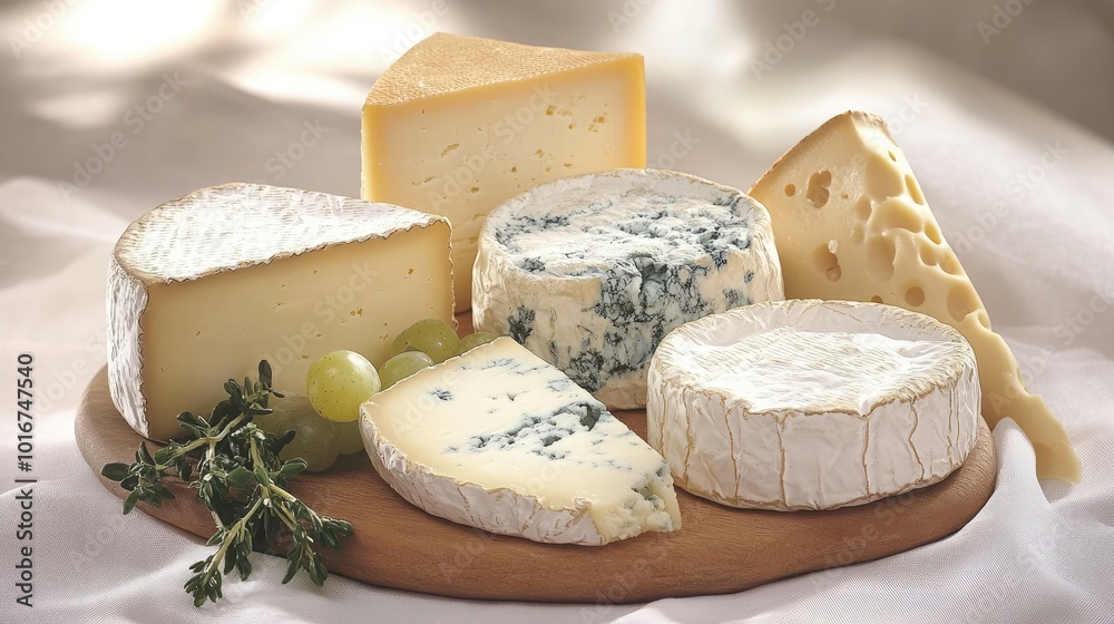 Variety of gourmet cheeses on a cheese board, featuring creamy brie, pungent blue, and Swiss, perfect for charcuterie photography. Variety of gourmet cheeses on a cheese board, featuring creamy brie, pungent blue, and Swiss, perfect for charcuterie photography.