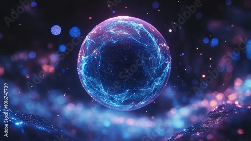 Ultramarine energy sphere floating in the universe, representing slow-motion tech and AI. photo