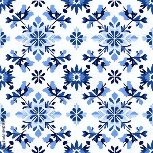 Blue Floral Tile Seamless Pattern Wallpaper Background