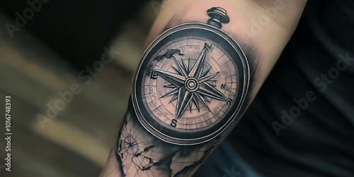 Realistic tattoo of a compass with a map in the background, inked on the forearm, black and gray tones. photo