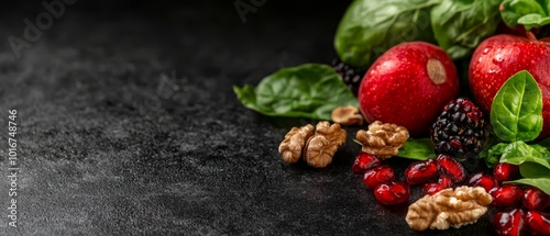  Apples, walnuts, and leaves against a black backdrop Walnuts centrally positioned