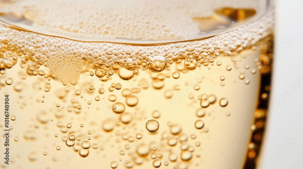 A close-up of a champagne glass with a thin layer of bubbles, beautifully highlighting its effervescence on a white background. A close-up of a champagne glass with a thin layer of bubbles, beautifully highlighting its effervescence on a white background.