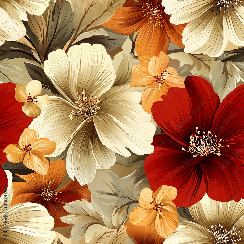 custom made wallpaper toronto digitalVibrant seamless floral pattern with large red, cream, and orange flowers for bold wallpaper