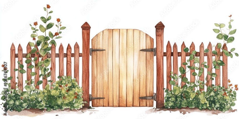 Obraz premium Brown wooden garden fence door with flowers bushes illustration outdoors art.