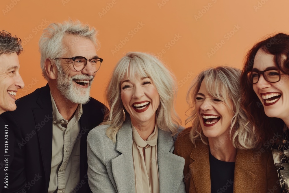 Group of happy senior people standing together and laughing isolated on orange background