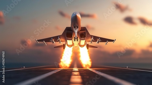 Fighter jet taking off from an aircraft carrier with afterburner flames, Aerospace Engineering, military aviation photo