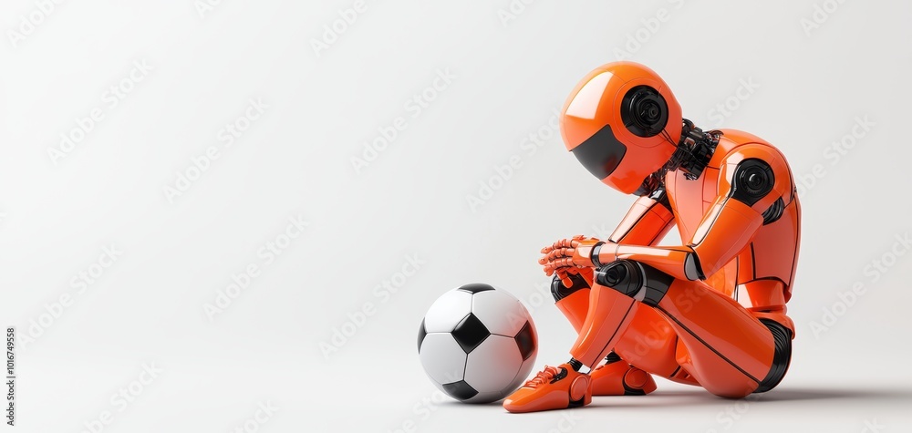 An orange robotic figure sitting next to a soccer ball, reflecting a moment of contemplation on a clean white background. An orange robotic figure sitting next to a soccer ball, reflecting a moment of contemplation on a clean white background.