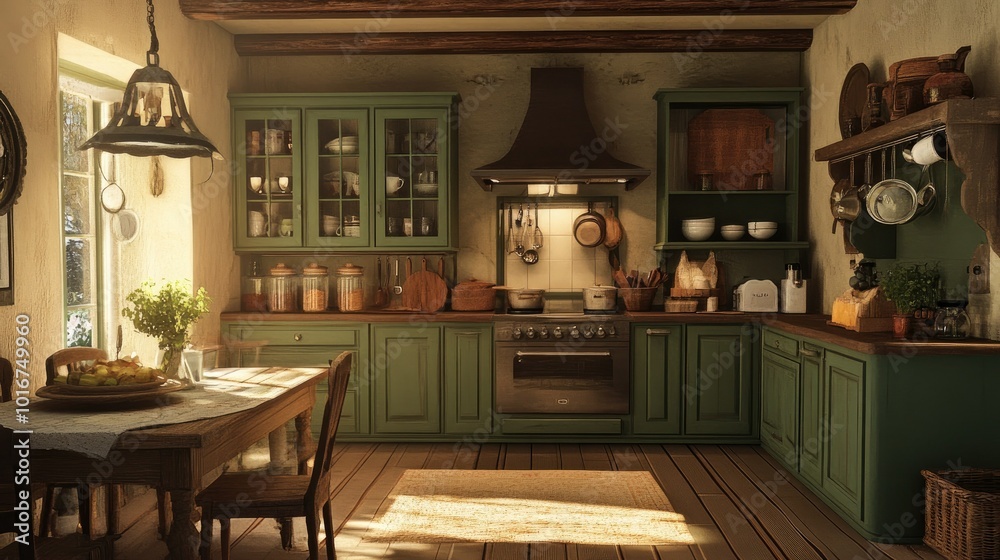 A cozy green kitchen with a dining table, cooking cabinets, and rustic kitchenware, creating a warm and earthy space for family meals. A cozy green kitchen with a dining table, cooking cabinets, and rustic kitchenware, creating a warm and earthy space for family meals.