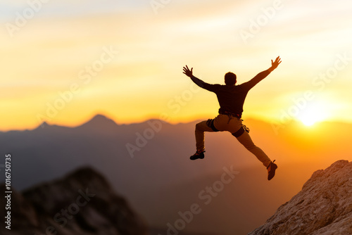Man Jumping on Mountain at Sunset
