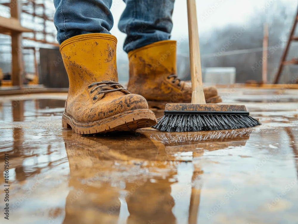 Intrepid Construction Worker's Yellow Mud Boots in Blurred Worksite - Gritty Labor Concept