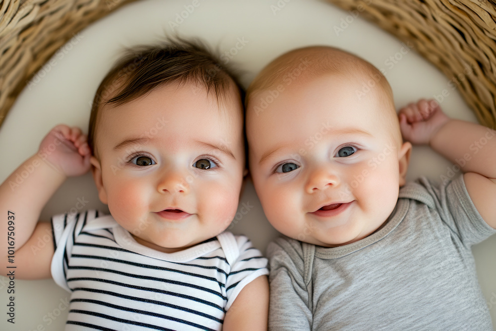 Adorable Smiling Baby Twins Lying Side by Side Adorable Smiling Baby Twins Lying Side by Side