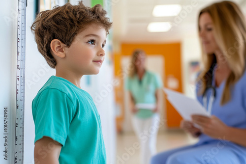 Boy Standing for Height Measurement at Pediatric Checkup