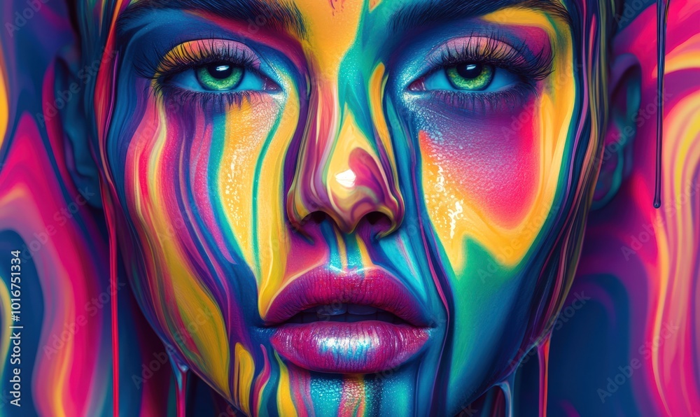 Close-up of a woman's face covered in colorful abstract paint.