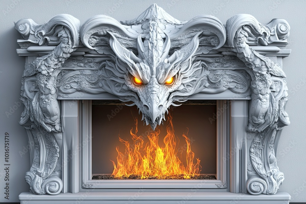 Fototapeta premium elegant white fireplace with stone intricate carving dragon head with glowing eyes and opened mouth with strong metal frame and fire 