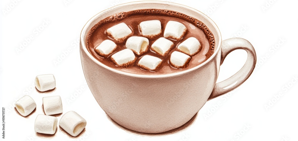 Delicious hot chocolate topped with fluffy marshmallows in a cozy cup. Delicious hot chocolate topped with fluffy marshmallows in a cozy cup.