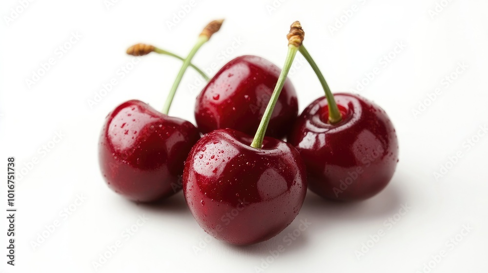 A handful of glossy red cherries, with stems, isolated on a white background to showcase their vibrant color and texture. A handful of glossy red cherries, with stems, isolated on a white background to showcase their vibrant color and texture.