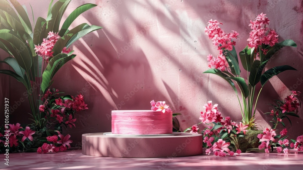 Elegant pink cake surrounded by lush green plants and vibrant flowers, creating a serene and aesthetically pleasing scene. Elegant pink cake surrounded by lush green plants and vibrant flowers, creating a serene and aesthetically pleasing scene.