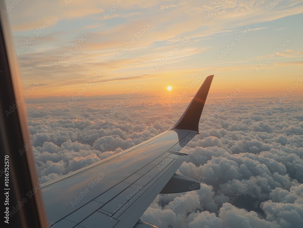 Aerial Sunset View Closeup of Aircraft Wing Cutting Through Fluffy Clouds in Pastel Sky, Tranquil and Serene Travel Scene
