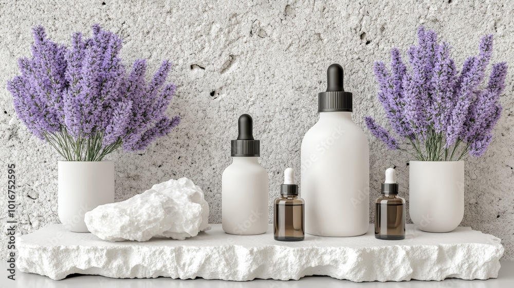 Natural Beauty Products with Lavender and Stone Shelf Natural Beauty Products with Lavender and Stone Shelf
