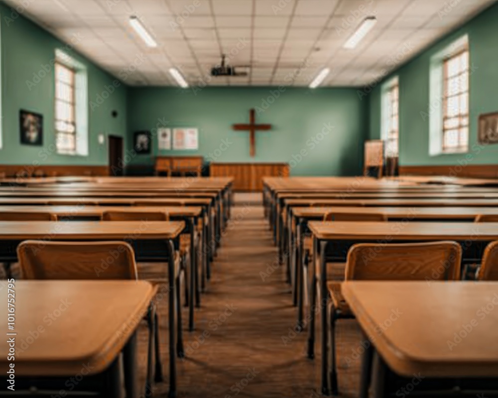 Serene Classroom Symmetry with Empty Wooden Desks and Green Wall Tranquil Academic Setting for Education Concept Serene Classroom Symmetry with Empty Wooden Desks and Green Wall Tranquil Academic Setting for Education Concept