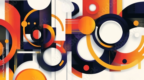 A colorful abstract painting with many circles and squares