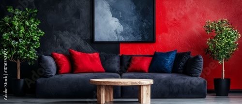  A livable room features a black sofa, red and blue accent pillows, and a painting on a scarlet wall
